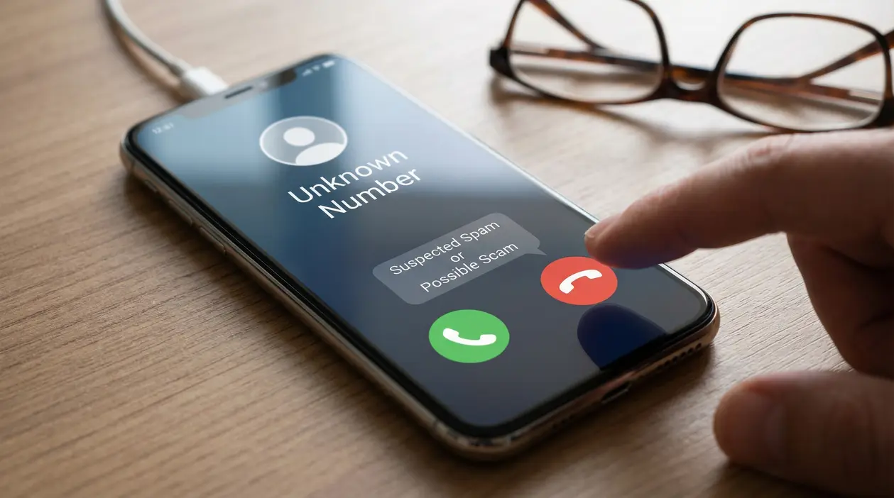 Smartphone con chiamata da numero sconosciuto e dito vicino al tasto per rifiutare la chiamata