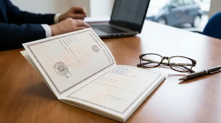 Documento aperto su una scrivania accanto a laptop, occhiali e penna in un ufficio