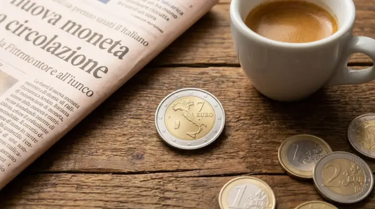Monete in euro su un tavolo di legno accanto a un giornale e a una tazza di caffè