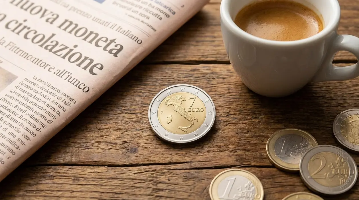 Monete in euro su un tavolo di legno accanto a un giornale e a una tazza di caffè