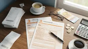 Moduli fiscali, scontrini, calcolatrice e denaro su una scrivania, simbolo di detrazioni e spese scaricabili