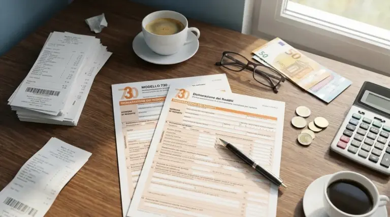 Moduli fiscali, scontrini, calcolatrice e denaro su una scrivania, simbolo di detrazioni e spese scaricabili