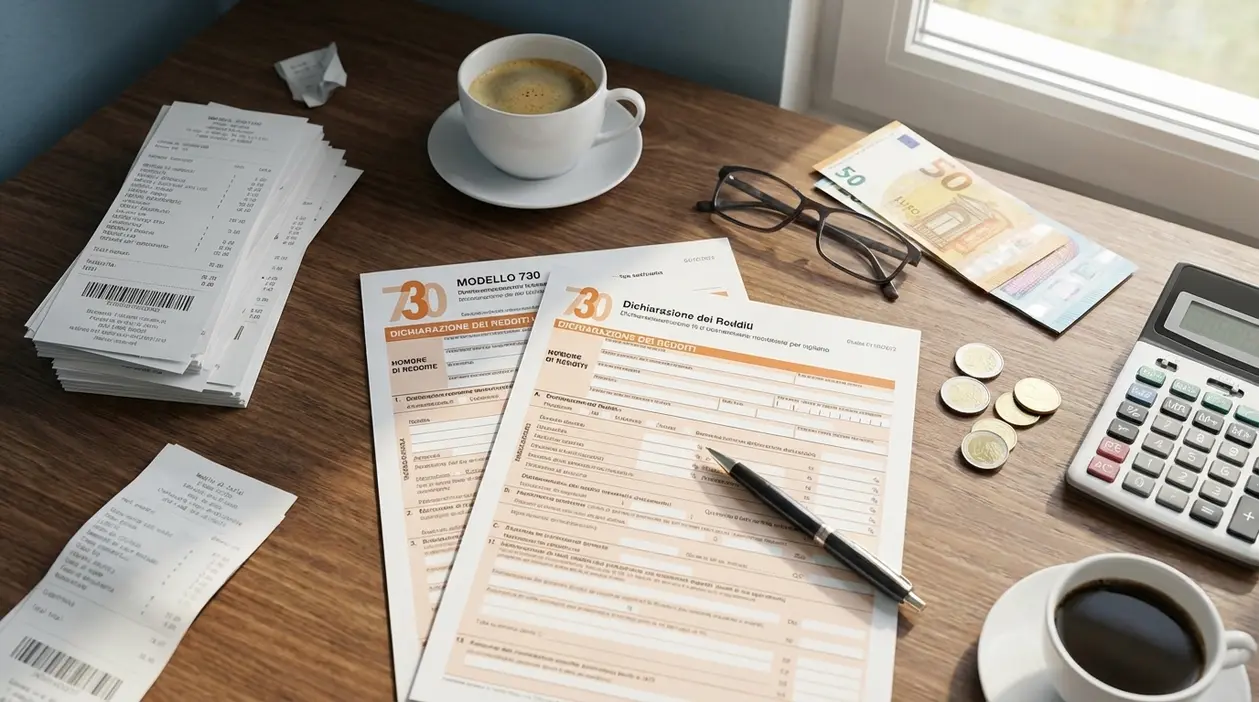 Moduli fiscali, scontrini, calcolatrice e denaro su una scrivania, simbolo di detrazioni e spese scaricabili