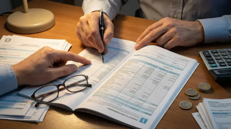 Mani che compilano documenti fiscali con penna su scrivania, con calcolatrice e monete accanto