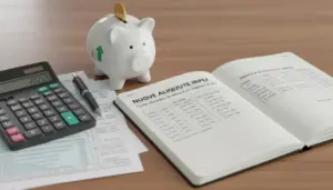 Salvadanaio con moneta, calcolatrice e documenti fiscali su scrivania, per spiegare le nuove aliquote Irpef