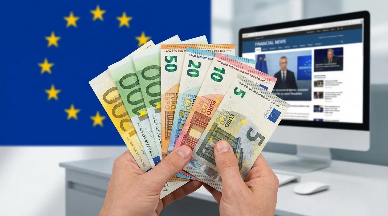 Mani che mostrano banconote in euro davanti alla bandiera UE e a un computer con notizie finanziarie