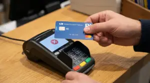 Mano che avvicina una carta prepagata a un POS per un pagamento contactless su un bancone