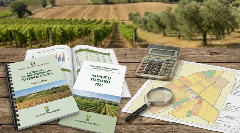 Documenti, mappa catastale e calcolatrice per la valutazione dei terreni agricoli su sfondo di campagna