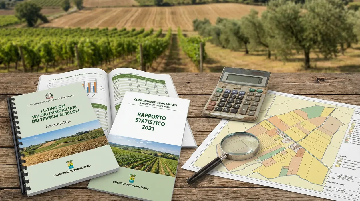 Documenti, mappa catastale e calcolatrice per la valutazione dei terreni agricoli su sfondo di campagna