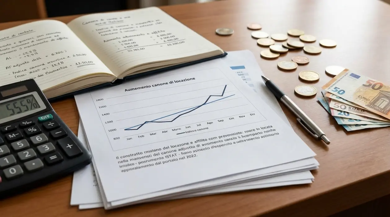 Calcolatrice, monete ed euro accanto a documenti con grafico sull'aumento del canone di affitto