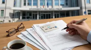 Mano che compila moduli INPS Legge 104 su una scrivania, con edificio istituzionale sullo sfondo