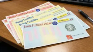Buoni fruttiferi postali disposti su una scrivania, simbolo delle opportunità di risparmio ad alto interesse