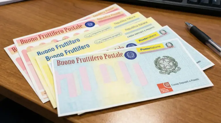 Buoni fruttiferi postali disposti su una scrivania, simbolo delle opportunità di risparmio ad alto interesse