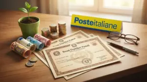 Buoni fruttiferi postali con euro, monete e piantina su un tavolo, simbolo di risparmio e rendimento sicuro