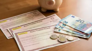 Buoni fruttiferi postali con banconote in euro, monete e salvadanaio su un tavolo