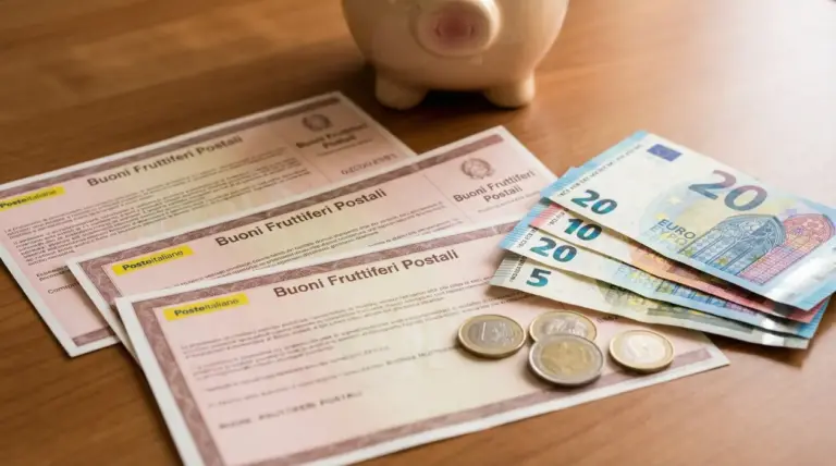 Buoni fruttiferi postali con banconote in euro, monete e salvadanaio su un tavolo