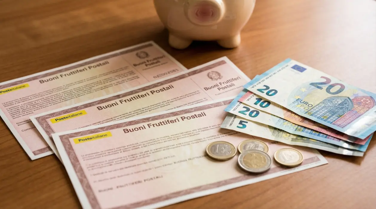 Buoni fruttiferi postali con banconote in euro, monete e salvadanaio su un tavolo