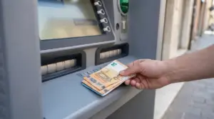 Mano che ritira banconote da un bancomat, immagine sui nuovi limiti di prelievo imposti dalle banche