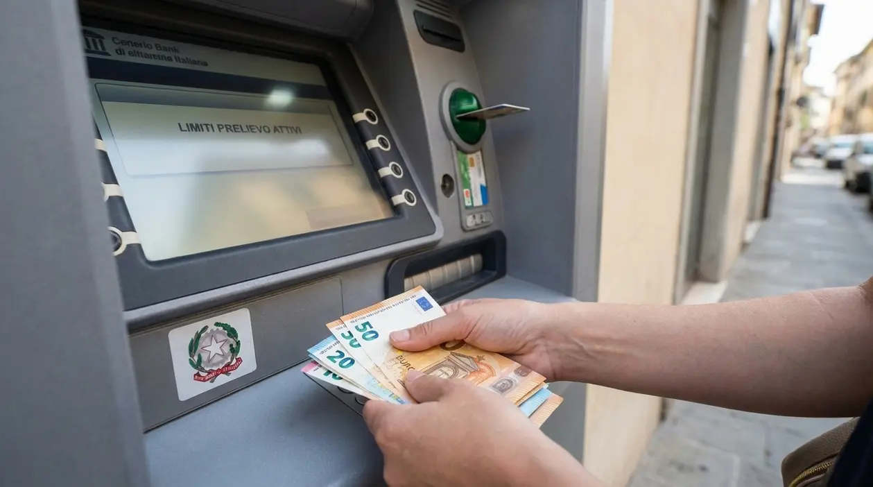 Persona ritira banconote in euro da uno sportello bancomat, tema limiti ai prelievi automatici