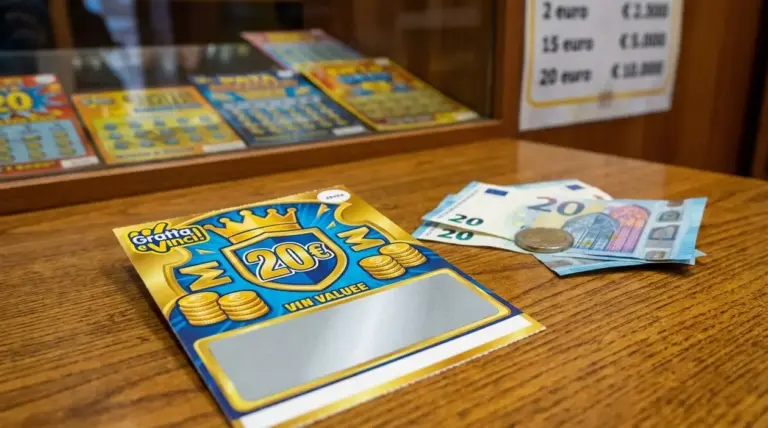 Biglietto Gratta e Vinci da 20 euro su un bancone, accanto a banconote e monete in una ricevitoria