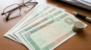 Buoni fruttiferi postali su un tavolo con monete in euro, penna e occhiali, a tema risparmio e rendimento