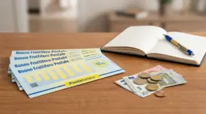 Buoni fruttiferi postali e banconote in euro su un tavolo, con quaderno e penna per calcolare i rendimenti