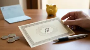 Mano con certificato di investimento su un tavolo, accanto a monete, penna e salvadanaio