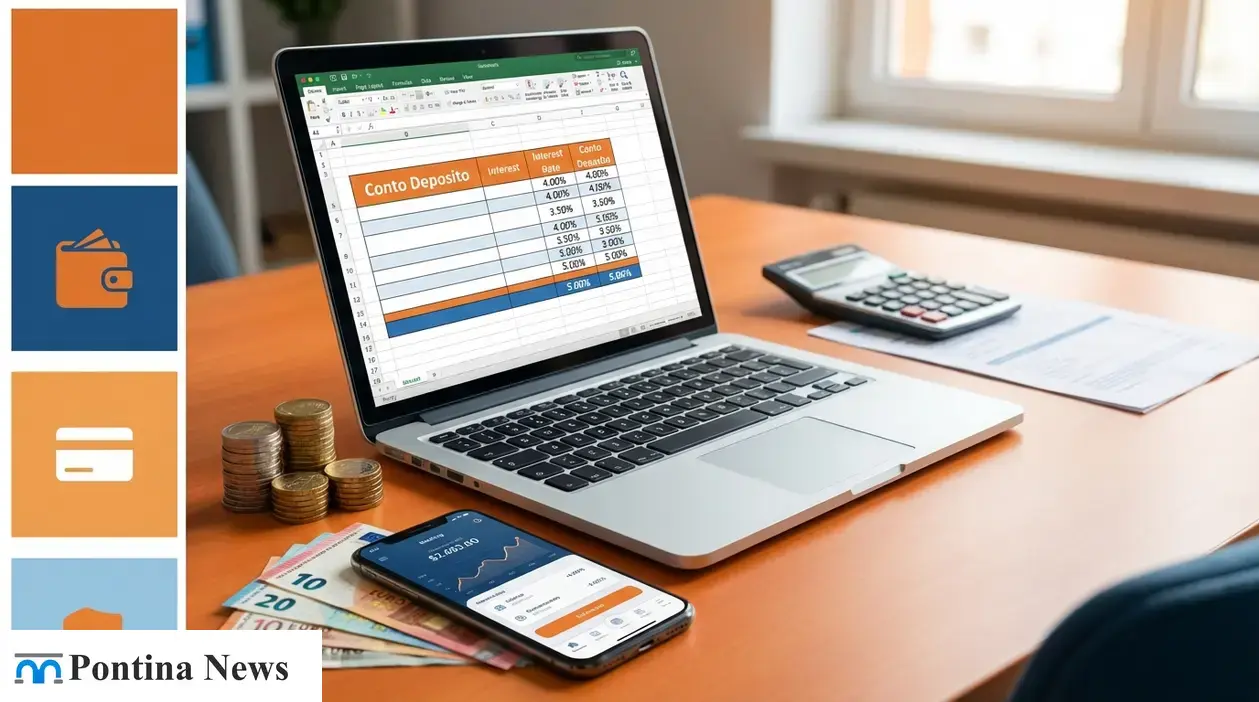 Laptop con tabella di confronto conti deposito, calcolatrice, monete e banconote su scrivania in ufficio