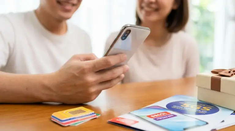 Due persone osservano uno smartphone accanto a schede SIM e una confezione regalo, simbolo di una promo telefonica