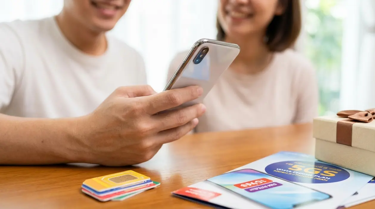 Due persone osservano uno smartphone accanto a schede SIM e una confezione regalo, simbolo di una promo telefonica