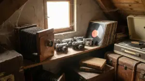 Soffitta con oggetti vintage: vecchie macchine fotografiche, giradischi, vinili e valigie impolverate