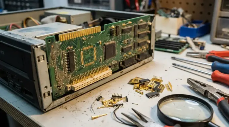 Scheda elettronica di un vecchio dispositivo aperto con contatti dorati e componenti smontati su un banco da lavoro