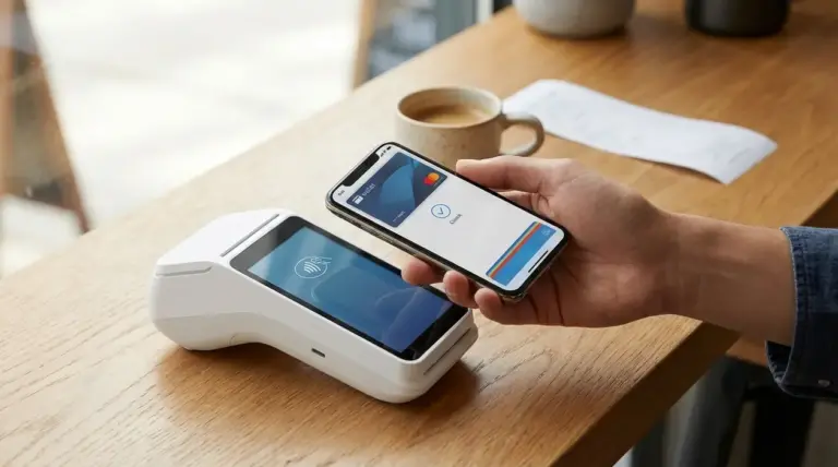 Pagamento contactless con smartphone su POS in un negozio, simbolo dei pagamenti digitali obbligatori