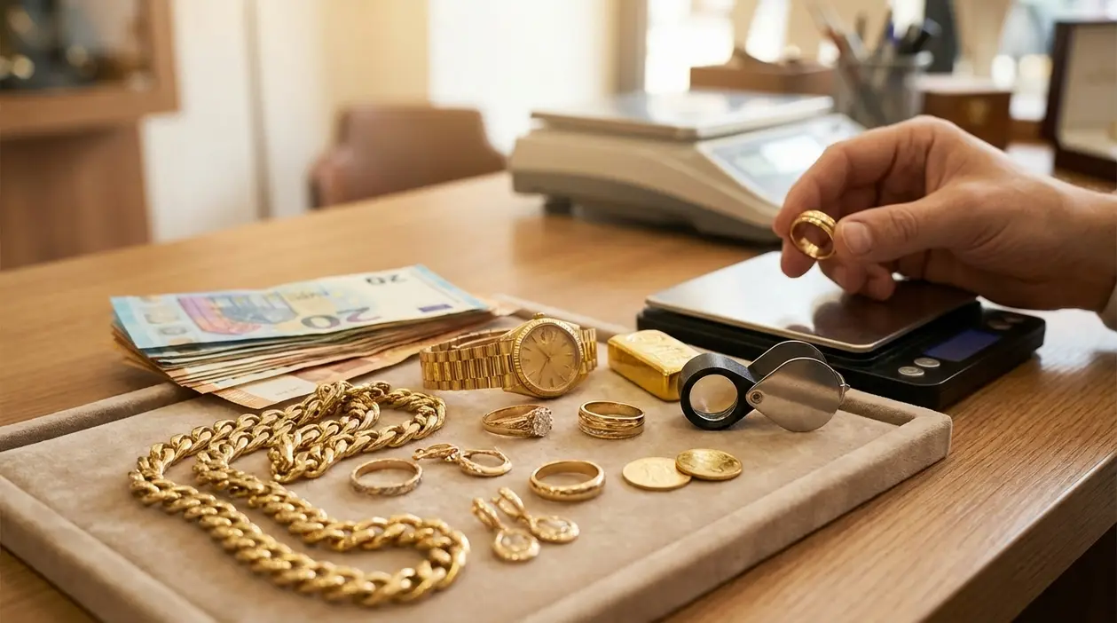 Gioielli e oro su un banco di valutazione con contanti e bilancia, in un negozio compro oro