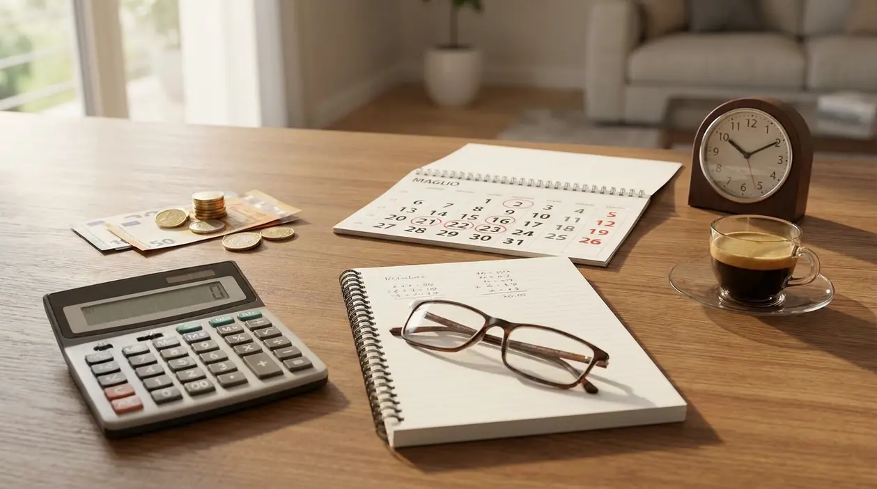 Calcolatrice, soldi, calendario e taccuino su un tavolo, simbolo di lavoro part time e pensione anticipata