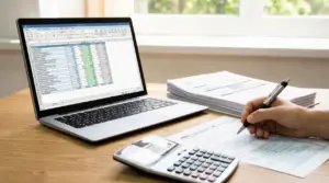 Persona che compila documenti fiscali con laptop, calcolatrice e foglio di calcolo su una scrivania