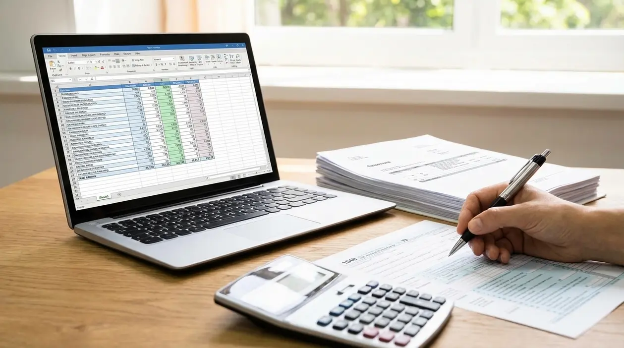 Persona che compila documenti fiscali con laptop, calcolatrice e foglio di calcolo su una scrivania
