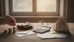 Mano che impila monete accanto a portafoglio, calcolatrice e documenti su un tavolo, tema pensione minima
