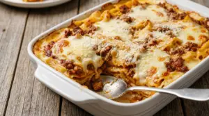 Pasta al forno con besciamella e ragù servita in una pirofila bianca