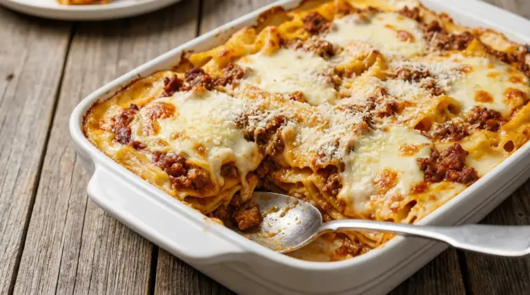 Pasta al forno con besciamella e ragù servita in una pirofila bianca