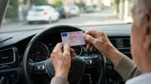 Persona anziana in auto mostra la patente di guida davanti al volante