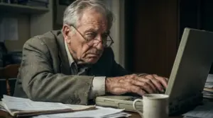 Uomo anziano al computer con documenti sul tavolo, espressione preoccupata, tema pensione a rischio
