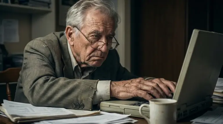 Uomo anziano al computer con documenti sul tavolo, espressione preoccupata, tema pensione a rischio