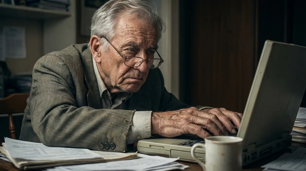 Uomo anziano al computer con documenti sul tavolo, espressione preoccupata, tema pensione a rischio