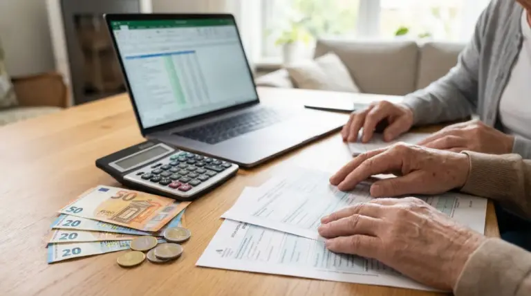 Persone anziane controllano documenti pensionistici con calcolatrice, denaro e laptop