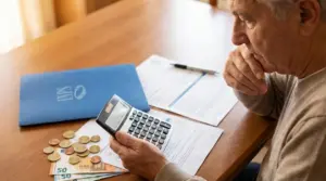 Persona anziana controlla documenti e calcolatrice per verificare pensione con pochi anni di contributi