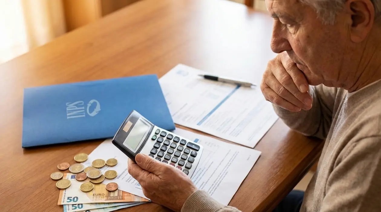 Persona anziana controlla documenti e calcolatrice per verificare pensione con pochi anni di contributi