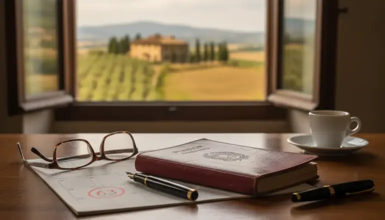 Tavolo con libretto pensionistico, occhiali, penna e tazza di caffè davanti a finestra su paesaggio rurale