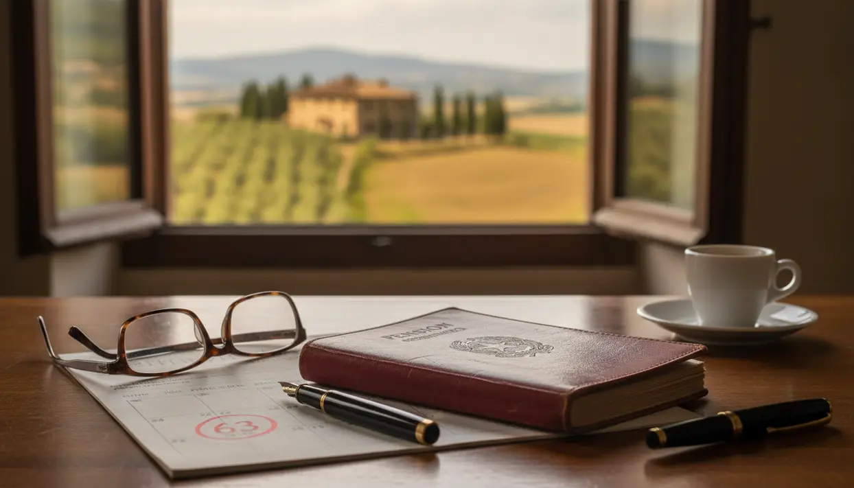 Tavolo con libretto pensionistico, occhiali, penna e tazza di caffè davanti a finestra su paesaggio rurale