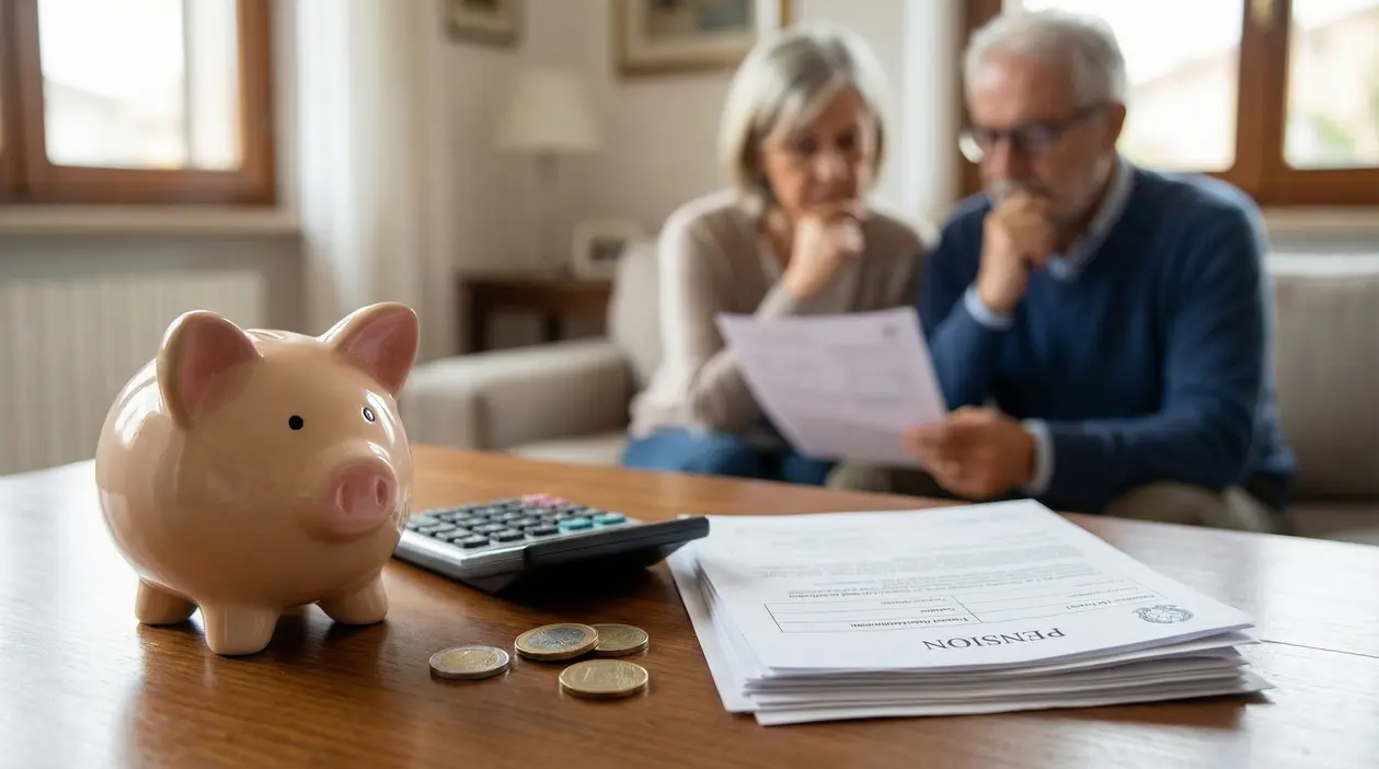 Salvadanaio, monete e documenti sul tavolo mentre una coppia anziana controlla i conti per la pensione